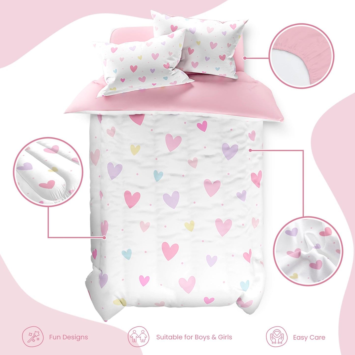 SANDJEST Heart Comforter Set Twin Size 68x86in for Kids Girls, Microfiber 3 Pcs Bedding Set Includes 1 Comforter, 1 Pillowcase, 1 Fitted Sheet, Nursery Room Decor