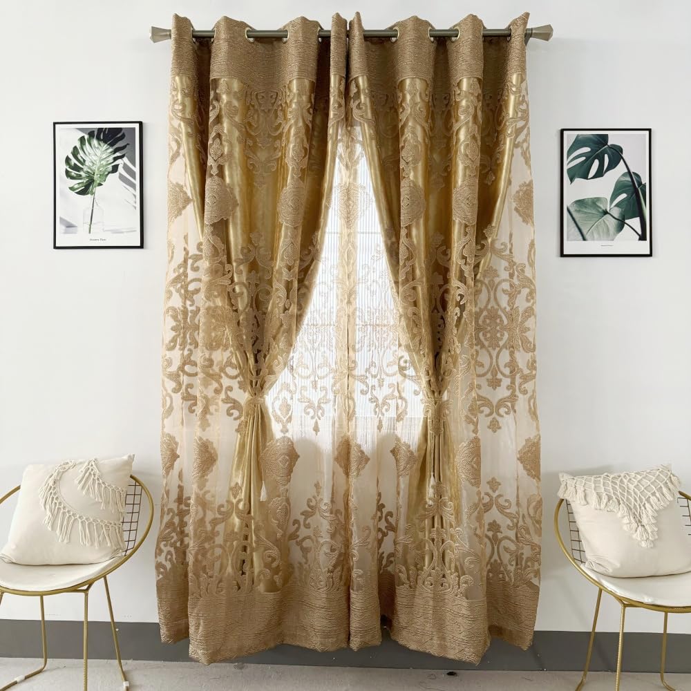 Amidoudou 1 Pair Luxury Double Layered European High-Blackout Curtains Embroidered Curtains for Living Room Bedroom Balcony (Gold,58x90 Inch)