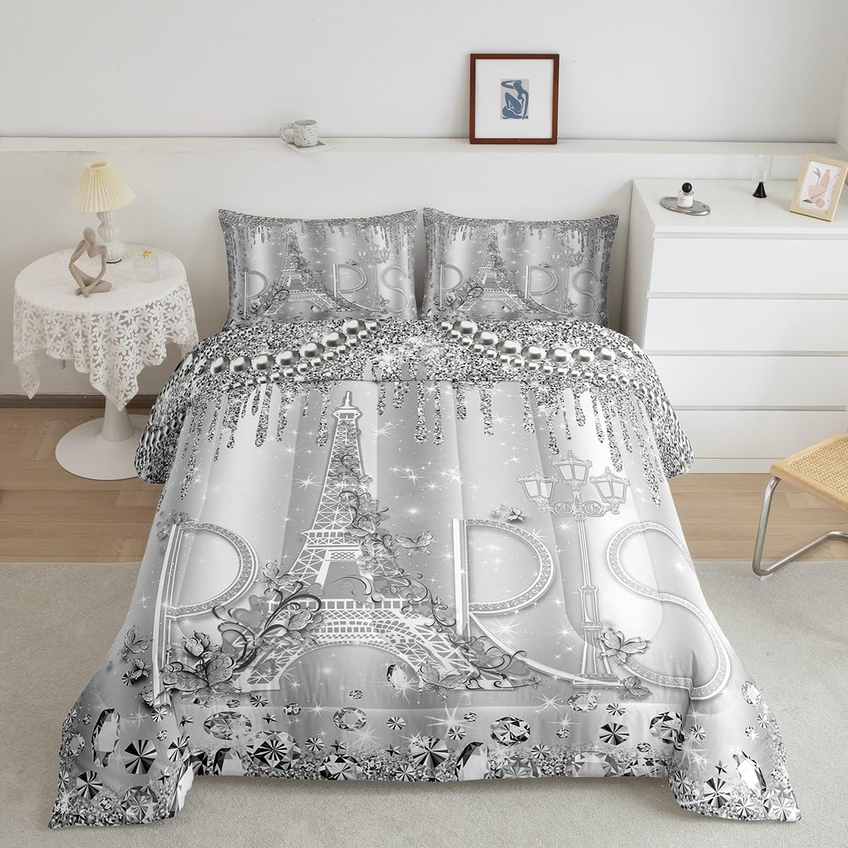 Paris Comforter Set Queen Size Sliver Glitter Diamond Bedding Set 3pcs for Kids Girls Boys Women Room Decor,Romantic Eiffel Tower Quilted Duvet Luxury Pearls and Jewels Duvet Insert,2 Pillowcases