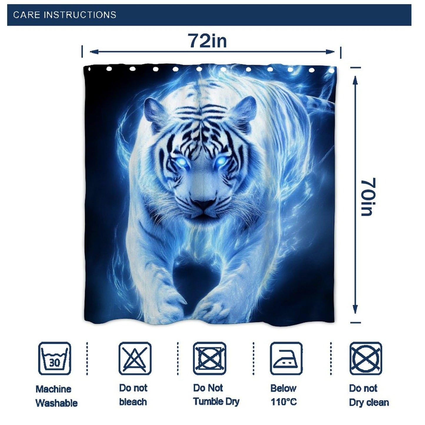 Fashion Hotel Bathroom Decorative Shower Curtain with Hooks, Blue Ice Fire Tiger Art Waterproof Lightweight Shower Curtain