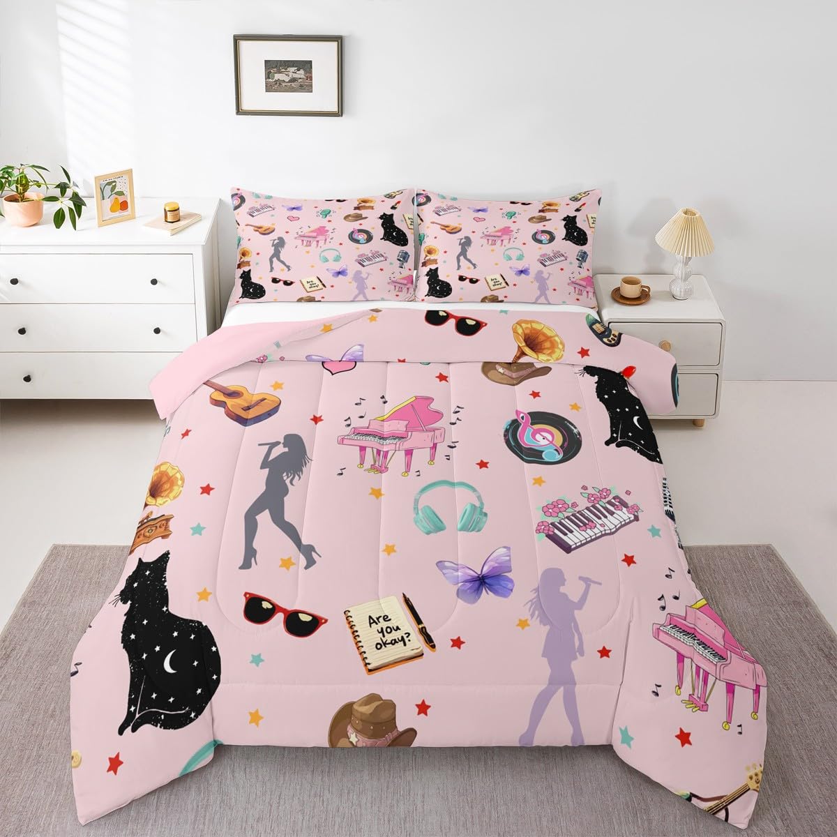 Erosebridal White Pink Bedding Set Full Size Fashion Music Themed Comforter Set Disco Ball Piano Down Comforter for Women Girls Butterfly Cat Animals Duvet Insert Modern Style Decor