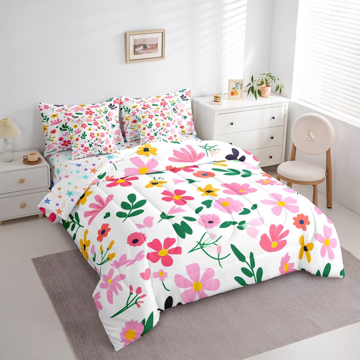 Feelyou Floral Comforter Set with Sheets 7 Piece Full Size Blossom Flowers Pattern Bedding Set for Kids Boys Girls Cute Flower Bed in a Bag Natural Theme Room Decor Pink Green Yellow Soft Microfiber