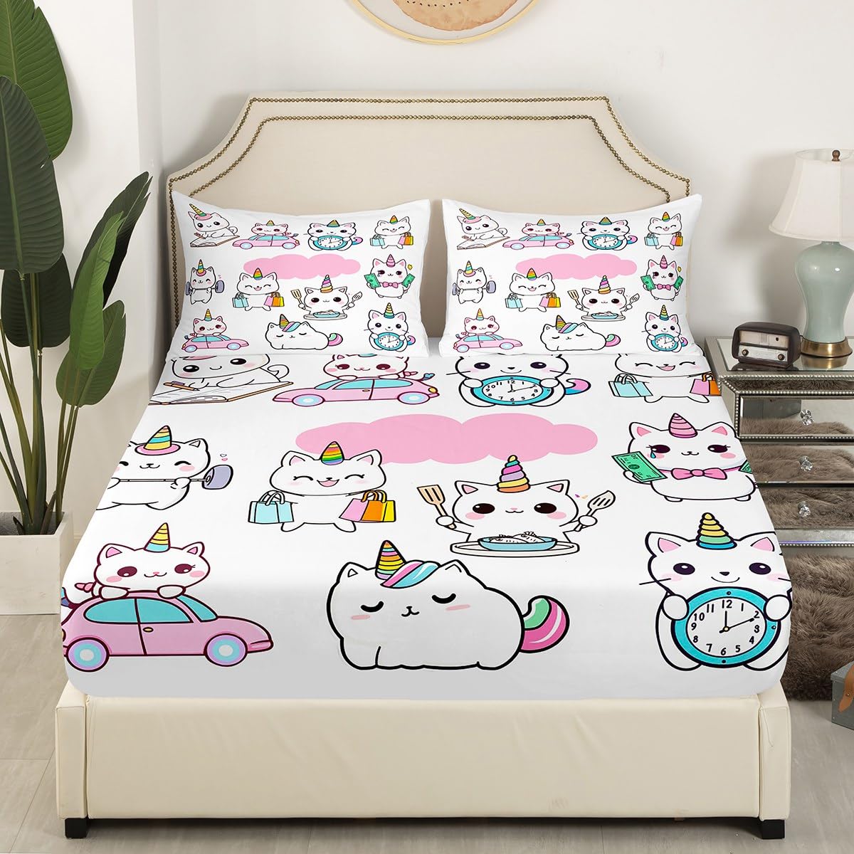 Feelyou Cat Unicorn Bed Sheet Set Cute Kitten Caticorn Cat Bed Sheets for Kids Boys Girls Cartoon Bedding Set Cute Fitted Sheet Bedroom Collection 3Pcs Full Size