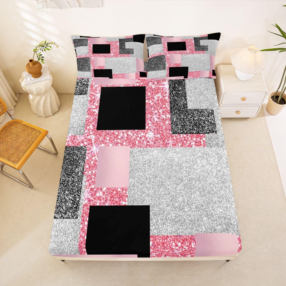 Feelyou Modern Abstract Bed Sheets Set Queen Size Geometric Aesthetic Deep Pocket Fitted Sheet Red Glitter Bedding Sets Soft Bed Set 4Pcs with 2 Pillow Cases