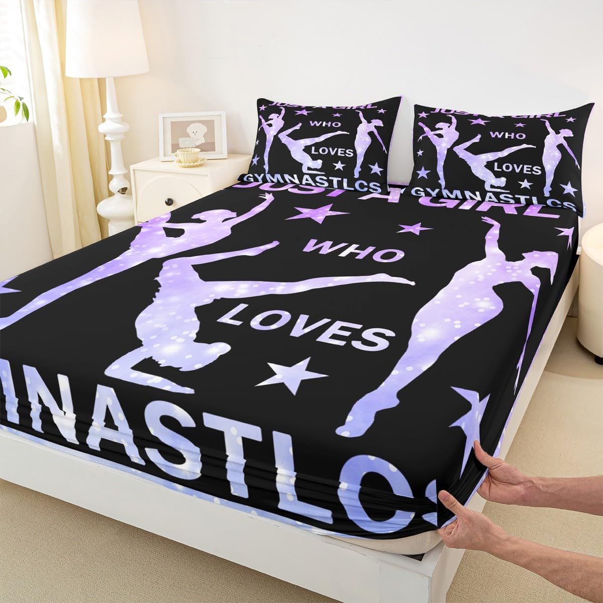 Gymnastics Fitted Sheet Girls Gymnastics Lovers Bed Sheet Set for Daughter Girls Kids Gymnast Sports Decor Bedding Set Purple Glitter Bed Cover Bedroom (No Flat Sheet) Twin Size