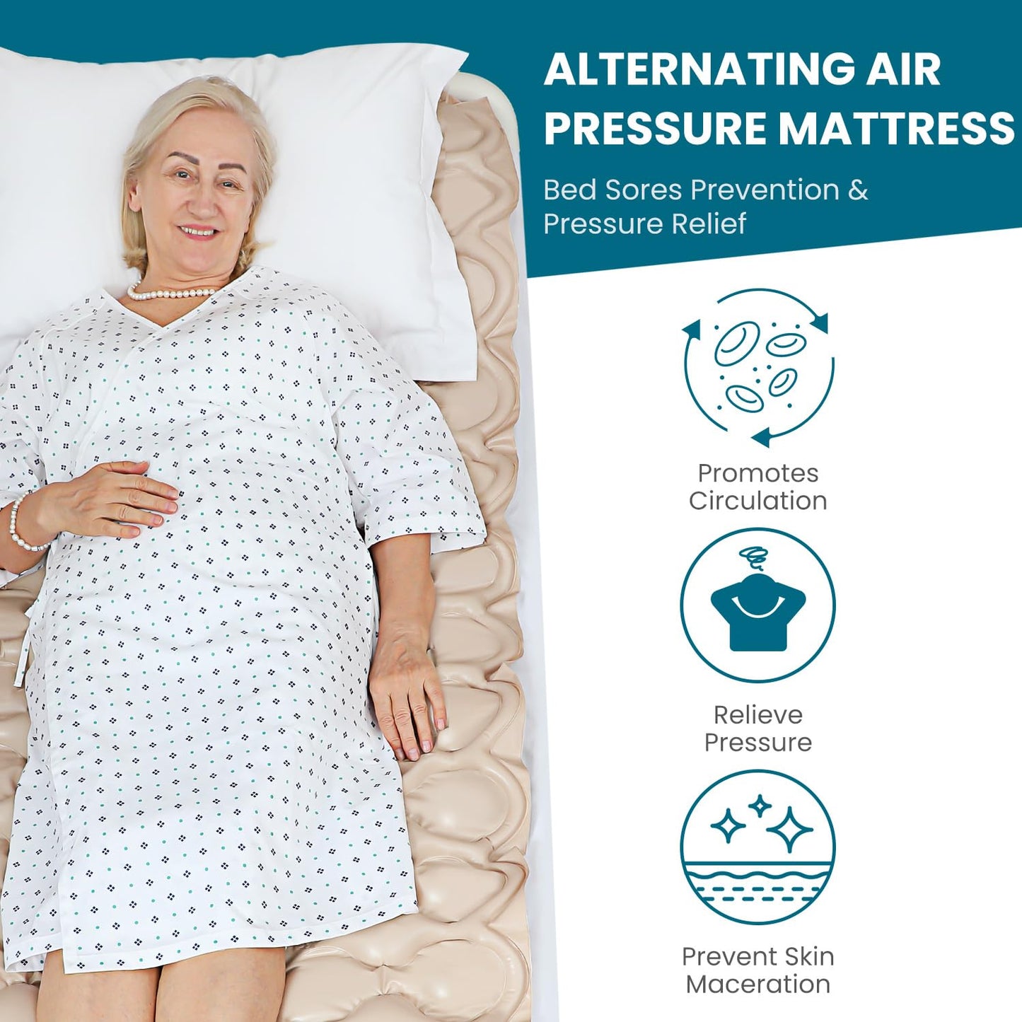 Kekoy Alternating Air Pressure Mattress Pad, Bed Sore Prevention, Hospital Topper for Bedridden Patients, 130 Air Cells, Adjustable Whisper Quiet Pump, Waterproof Cover, Inflated 75"x35" – Beige