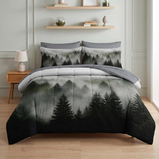 Nesker Comforter Set Full Size, Tree Mountain Forest 7 Pcs Bedding for Kids and Adults, Wood Fog Pine Bed Sheet Sets with Fitted Sheet 2 Pillowcases & 2 Shams