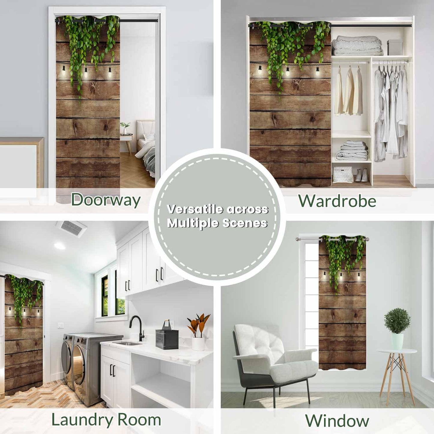 Haciadan Wooden Board Door Curtain Garland Lamps Green Leaves Doorway Curtain Blackout for Bedroom Living Room,34x80 Inch 1 Panel