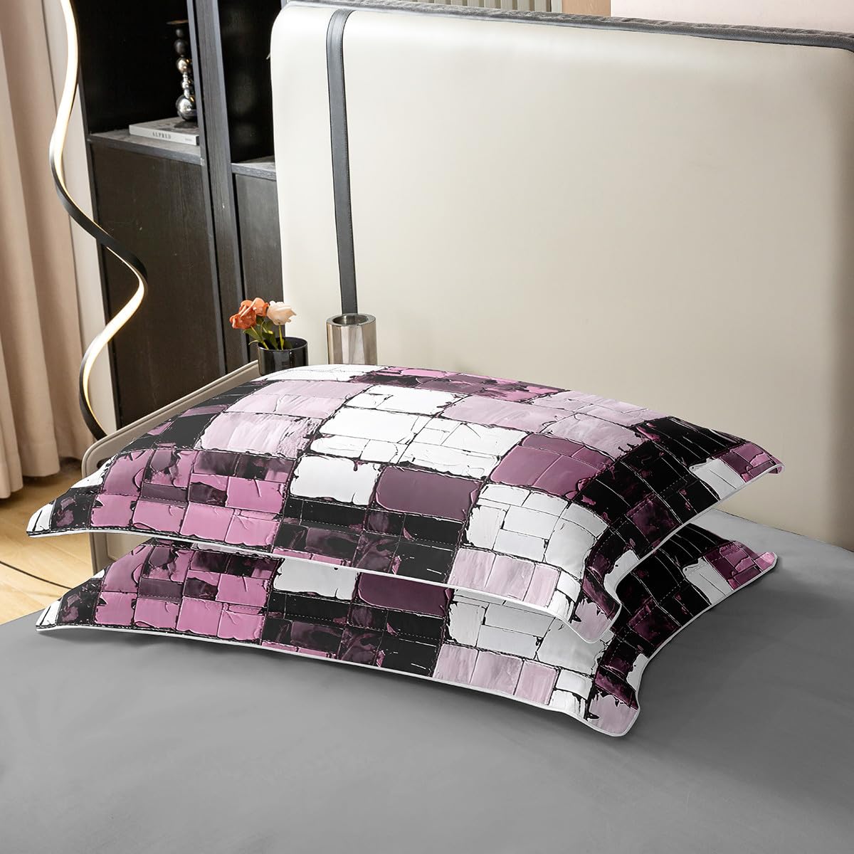 jejeloiu Pink Black Abstract Bedding Set Queen Size Geometric Minimalist Square Duvet Cover 100% Cotton for Boys Girls Modern Abstract Art Comforter Cover（No Comforter）
