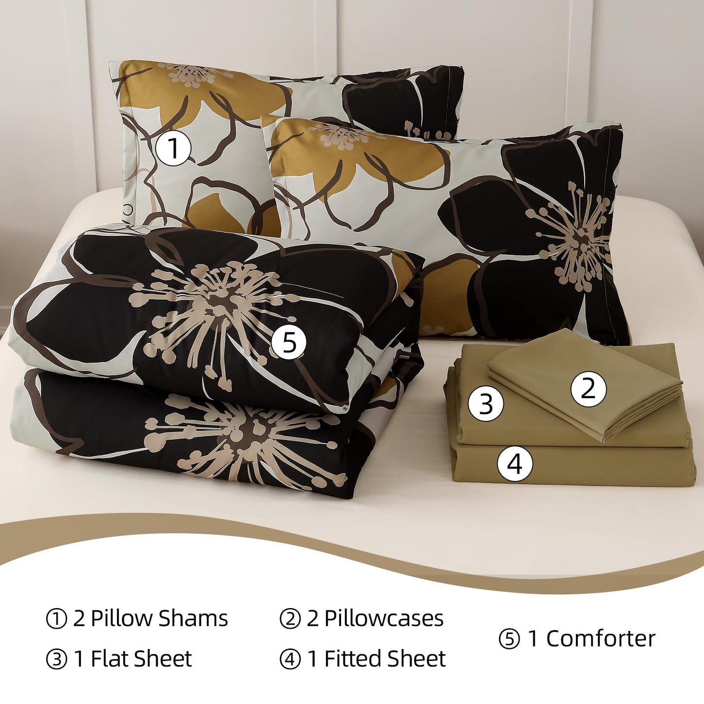 Anibedding 7 Pieces Floral Comforter Set Queen Size, Brown Black Flower Bedding Set Botanical Bed in a Bag Soft Microfiber Comforter Set with Sheets for All Season