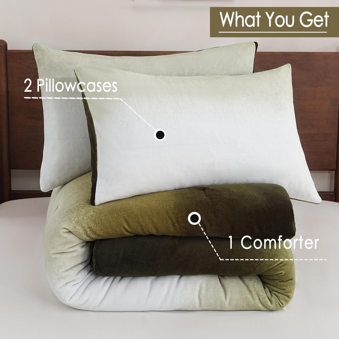 Bedbay Ombre Green Plush Fleece Comforter Set King Ultra Soft Velvety Bedding for Winter Thick Warm Cozy Gradient Quilt Set 3 Pcs All Season Fluffy Velvet King Bed Set with 2 Pillowcases