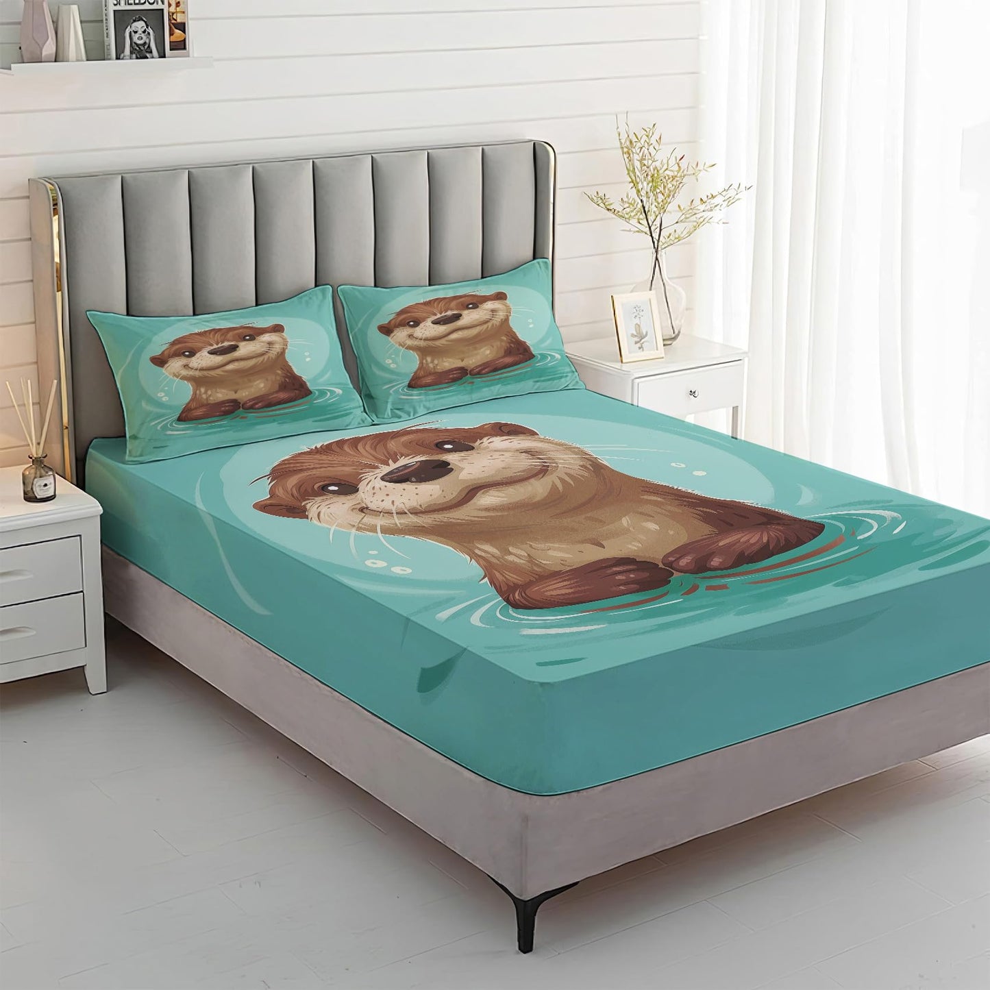 Rejkxyw King Size Sheets Set Cute Otter - Cartoon Animal Bed Sheets - Kids Boys Girls Sheet Set - 12 Inch Deep Pocket - Ultra Soft Winkle Free Microfiber Bedding Sheets & Pillowcases 4 Piece