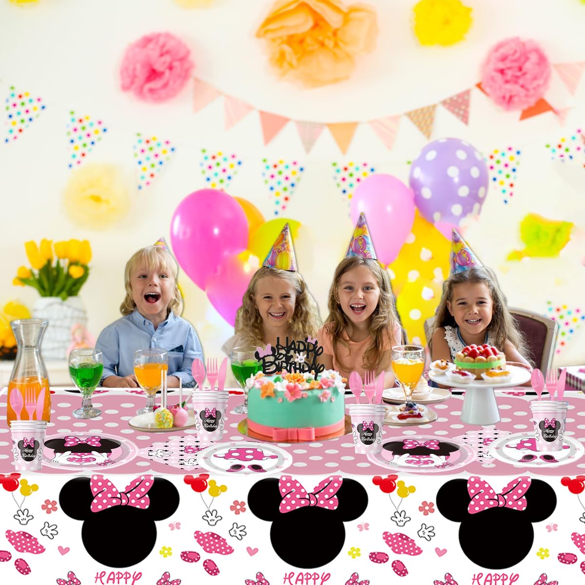 Nyhpar 3 Packs Pink Mouse Tablecloth, Pink Polka Dot Table Cloths Disposable Plastic Cartoon Table Covers for Girls 1st 2nd 3rd Party Decorations Supplies, 86.6 x 51.2in