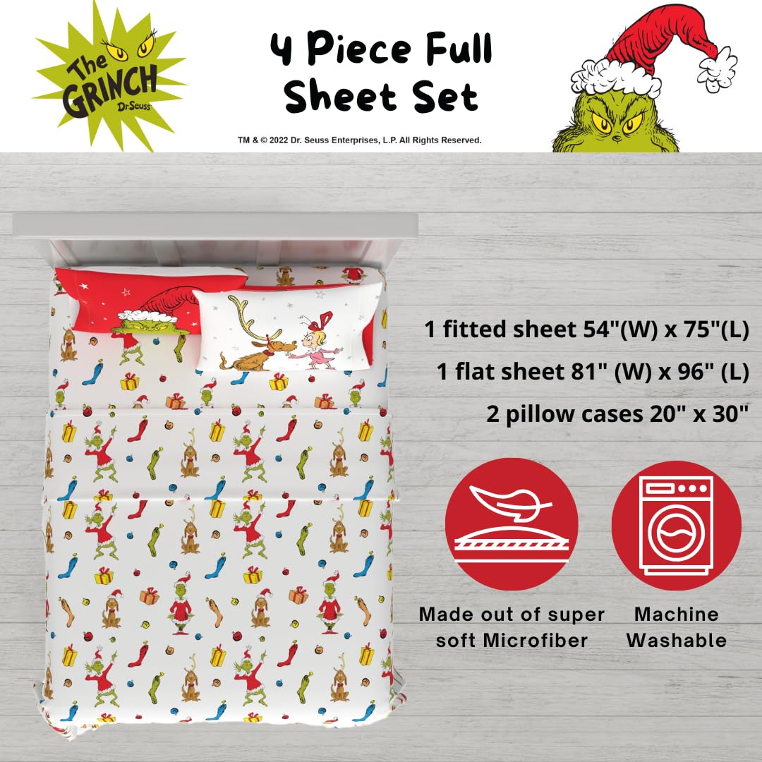 Dr. Seuss The Grinch Holiday & Christmas Bedding Super Soft Microfiber 4 Piece Full Sheet Set, (Officially Licensed Product) by Franco