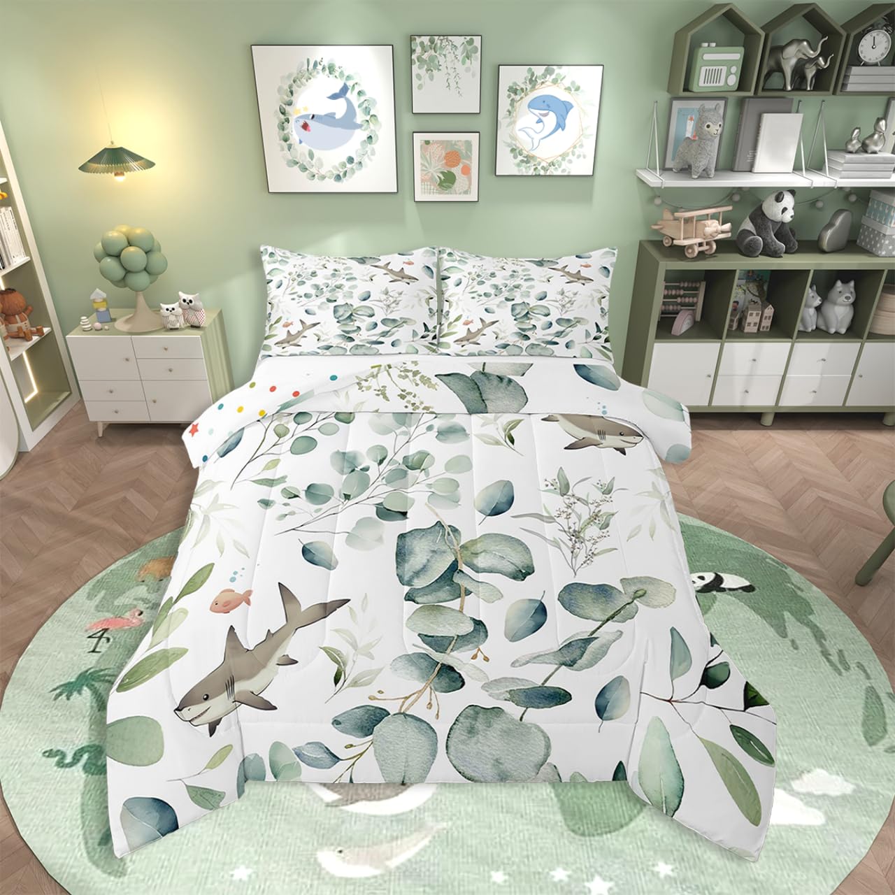 Erosebridal Girls Kawaii Animal Bedding Twin Size Cute Shark Comforter Set Twin, Cartoon Wildlife Duvet Insert Green Leaf Quilt Comforter, Plant Bedding Comforters & Sets Child Kids Bedroom Decor