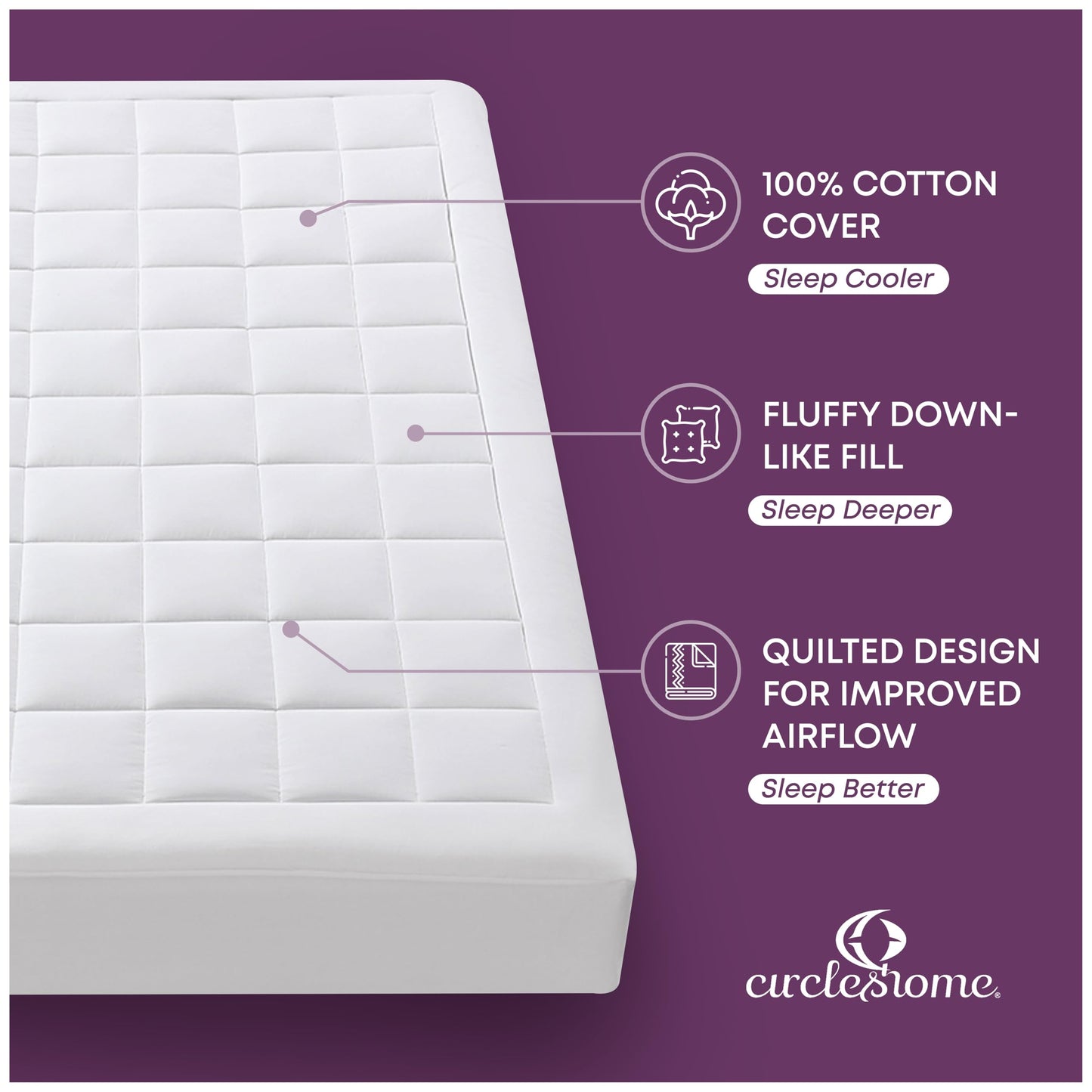 CirclesHome Twin Size Mattress Pad Pillow Top - 100% Cotton Top Ultra - Plush Down Alternative Mattress Protector - 200 Thread Count - Stretches from 14-16 inches for Snug Fit
