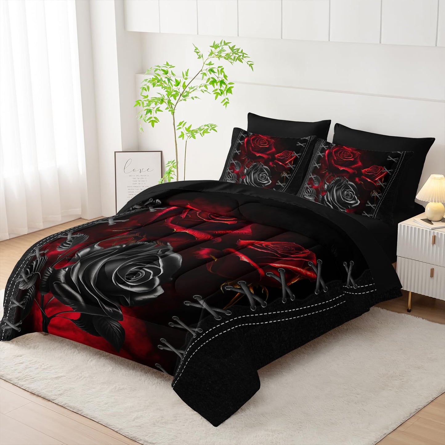 AILONEN Black and Red Rose Comforter Set Full,7-Piece Flower Bed in a Ba,Soft Comforter & Fitted Sheet with Flat Sheet & 2 Pillowcases,2 Pillow Shams for Bedroom