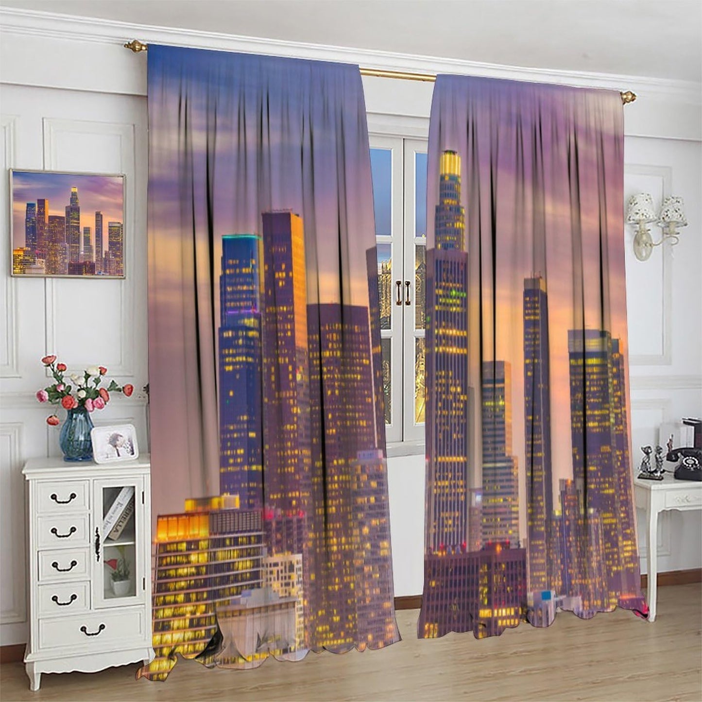 JADERYS Cityscape Curtains City Building Skyline Dreamy Purple Sky Sunset View Art Print for Bedroom Living Room Kitchen Blackout Rod Pocket Decoration Window Drapes 2 Panels W21xL45in