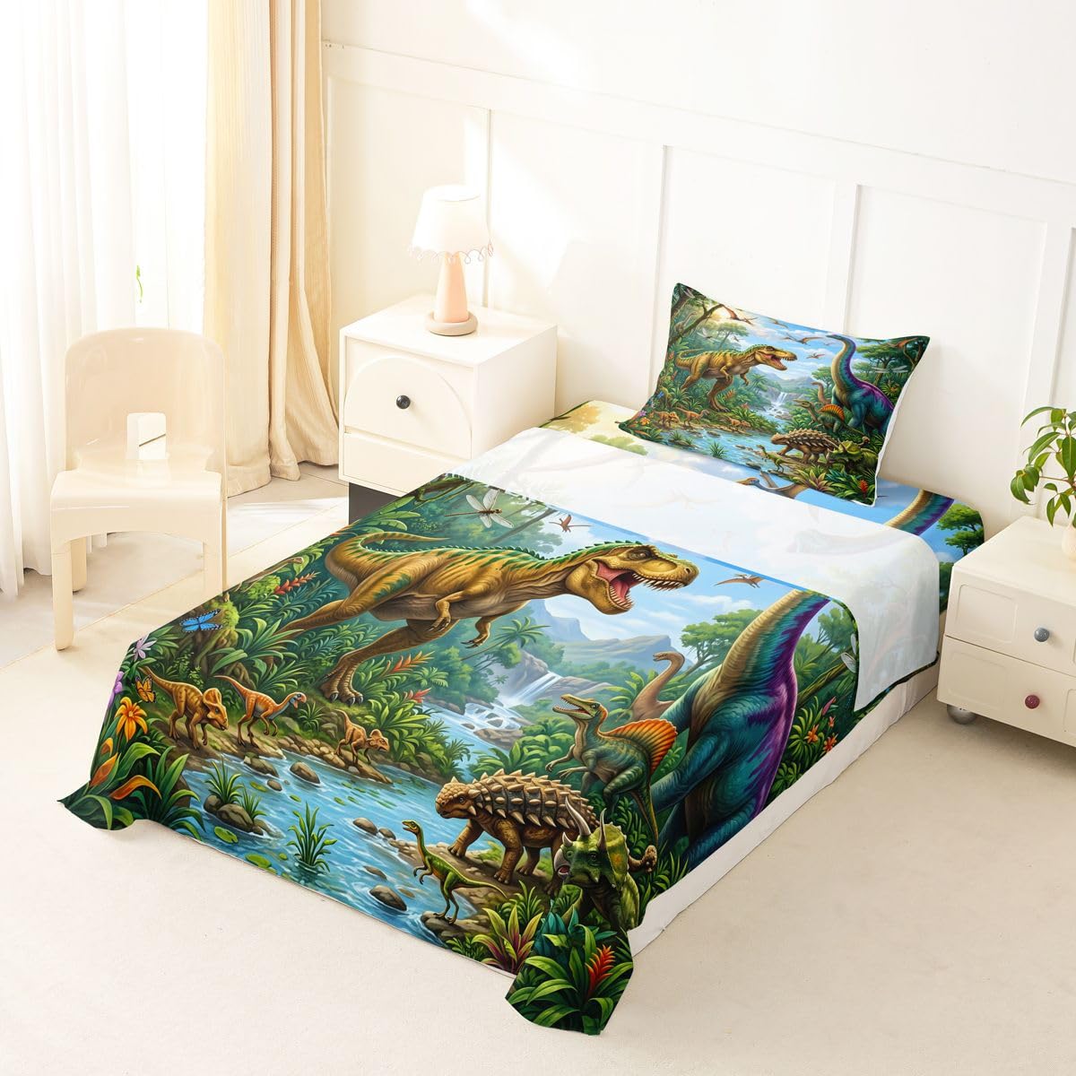 Feelyou Dinosaur Bed Sheets Set Twin Size 3D Digital Print Bed Set Jungle Dino Deep Pocket Fitted Sheet Wild Animal Breathable Soft Lightweight Microfiber Blue White Green Yellow