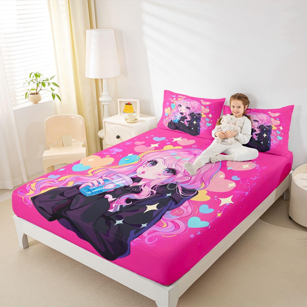 Erosebridal Preppy Girls Sheets for Boys Girls Kawaii Japanese Girl Drinking Water Fitted Sheet,Coquette Girl with Colorful Curly Hair Kids Bedding Sets Pink Anime Gifts Bed Sets Queen 3 Piece