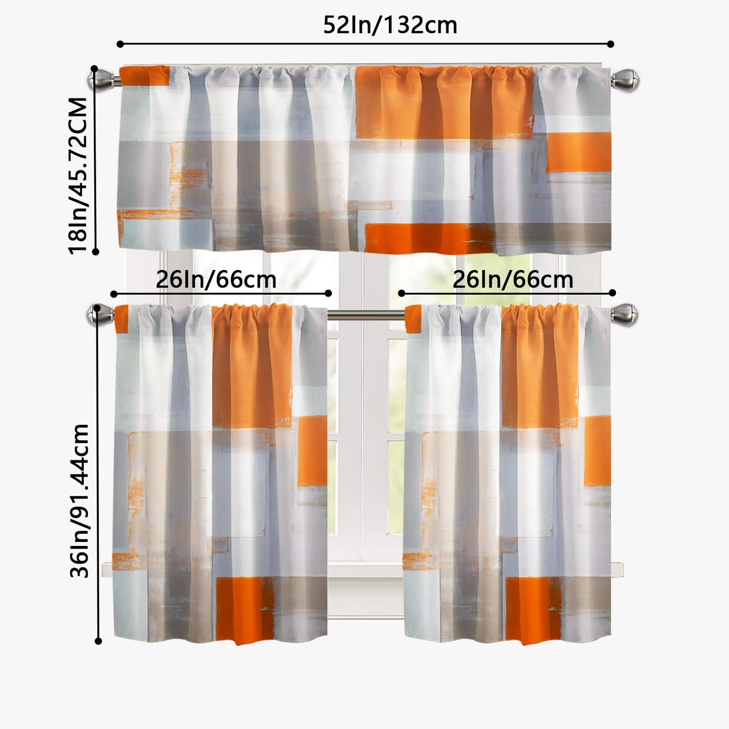KINUUIS Orange Brown Blackout Kitchen Window Tier Curtains and Valance Set, 52 x 36 Inch Abstract Art Window Curtains Set with Rod Pocket for Small Windows, Living Room or Bathroom