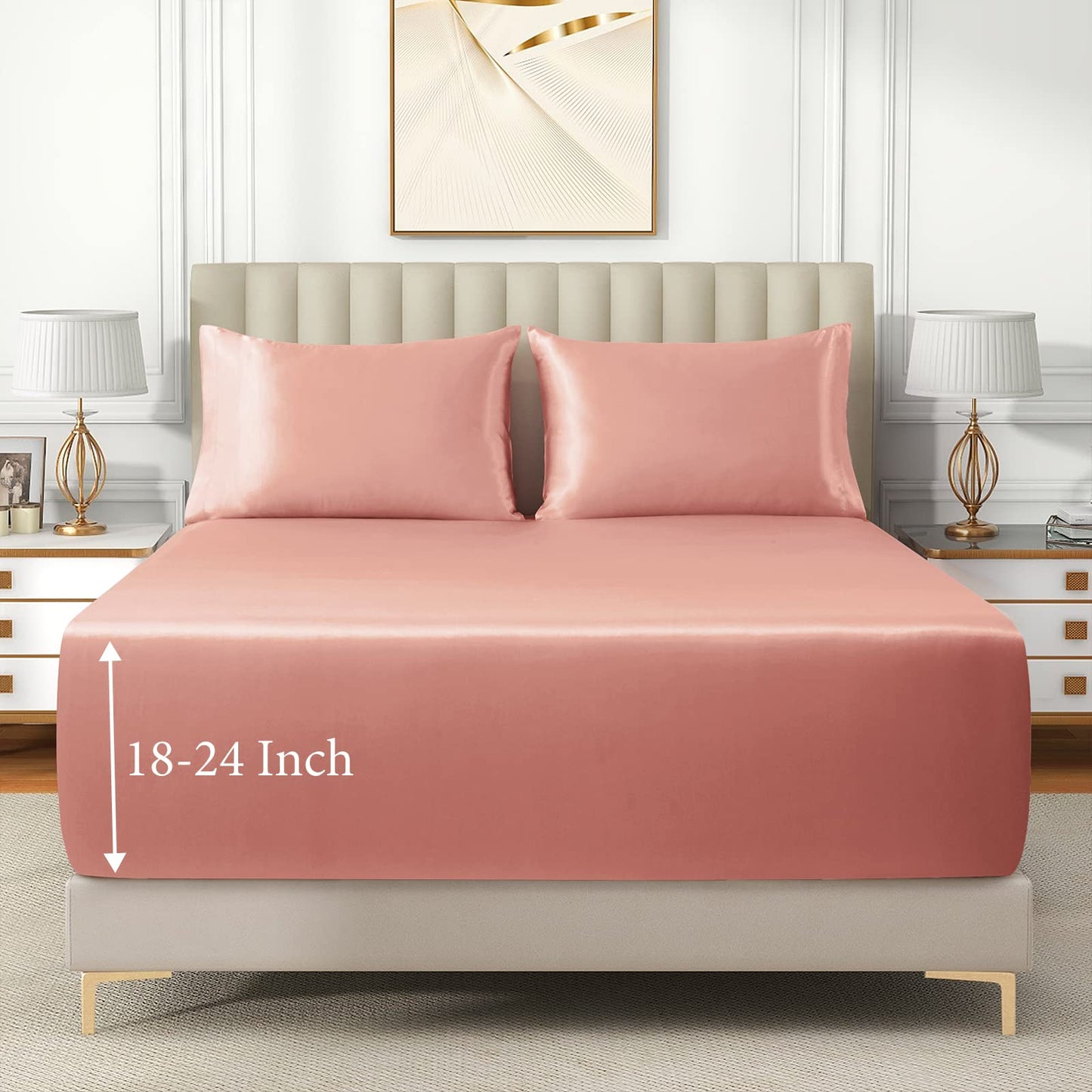 VACVELT 3pcs Extra Deep Pocket Satin Fitted Sheet Set King Bed Set, Rose Gold Bottom Sheet Fit 18-24 Inch Deep Pocket Mattress, Silky Bedding Set Soft & Ultra Deep Fitted Sheet & 2 Pillowcase