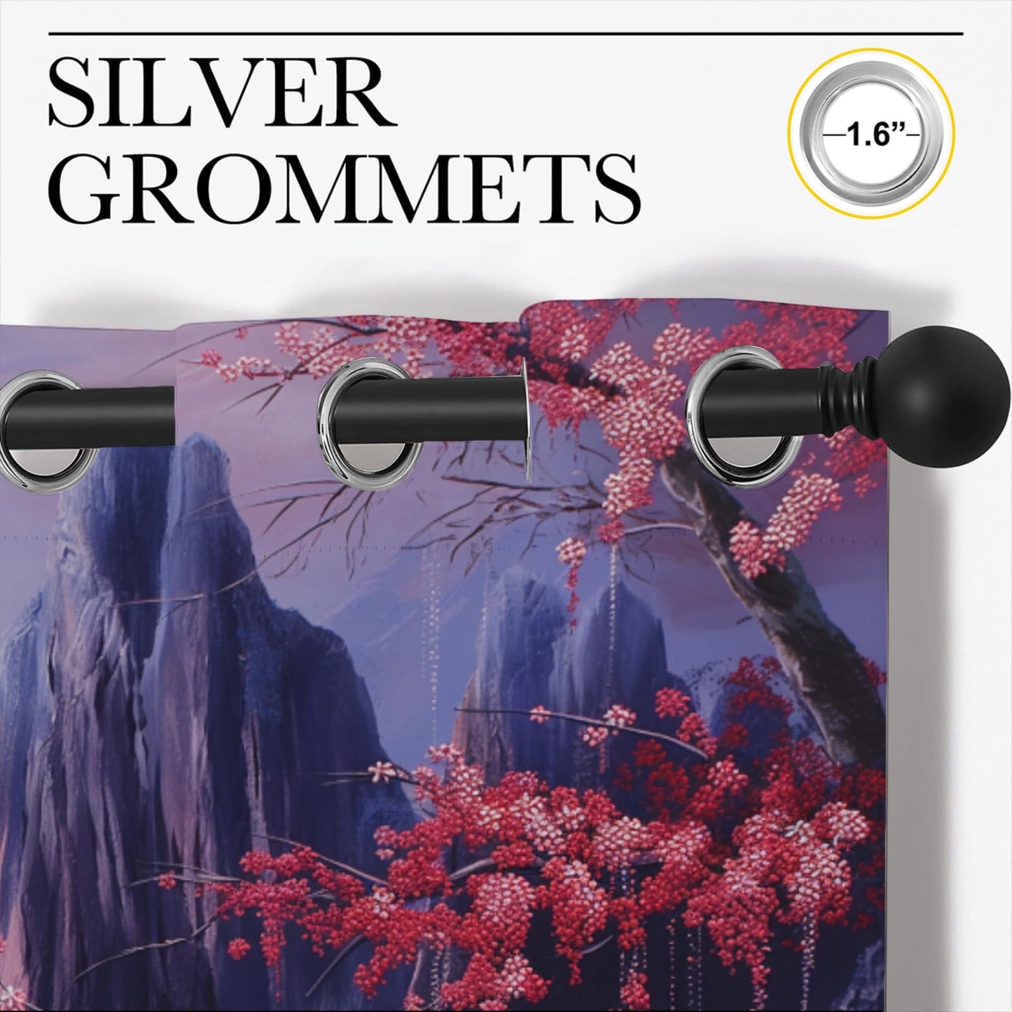 Asian Blackout Curtains for Boys Girl Bedroom Home Decor,Japanese Anime Style Mountain Falls Red Plum Landscape Painting Thermal Insulated Grommet Darkening Living Room Window Drapes, 72 x 63 inch