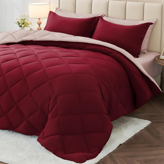 MUXHOMO 7 Pieces California King Comforter Set, Reversible Bed in a Bag Cal King Size, All Season Bedding Set with Comforter, Flat Sheet, Fitted Sheet, Pillowcases & Shams, Burgundy & Rose Gold