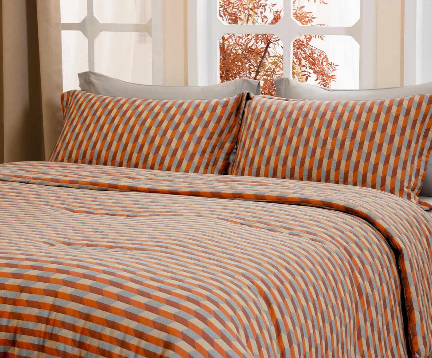SLEEPBELLA Washed Double Layer Muslin 100% Cotton Comforter Set Queen Size, Orange & Blue Diamond Boho Pattern Fluffy Thick Checked Bedding Set, Soft Breathable (1 Comforter, 2 Pillow Shams)