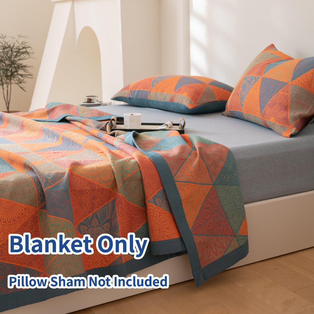 Purefair 100% Cotton Muslin Blanket Jacquard Bohomian Mandala Triangle Print Quilt, Soft Bed Cover Reversible Bedspread Coverlet Breathable Lightweight Bedding Full/Queen(78"x94"), No Pillow Sham