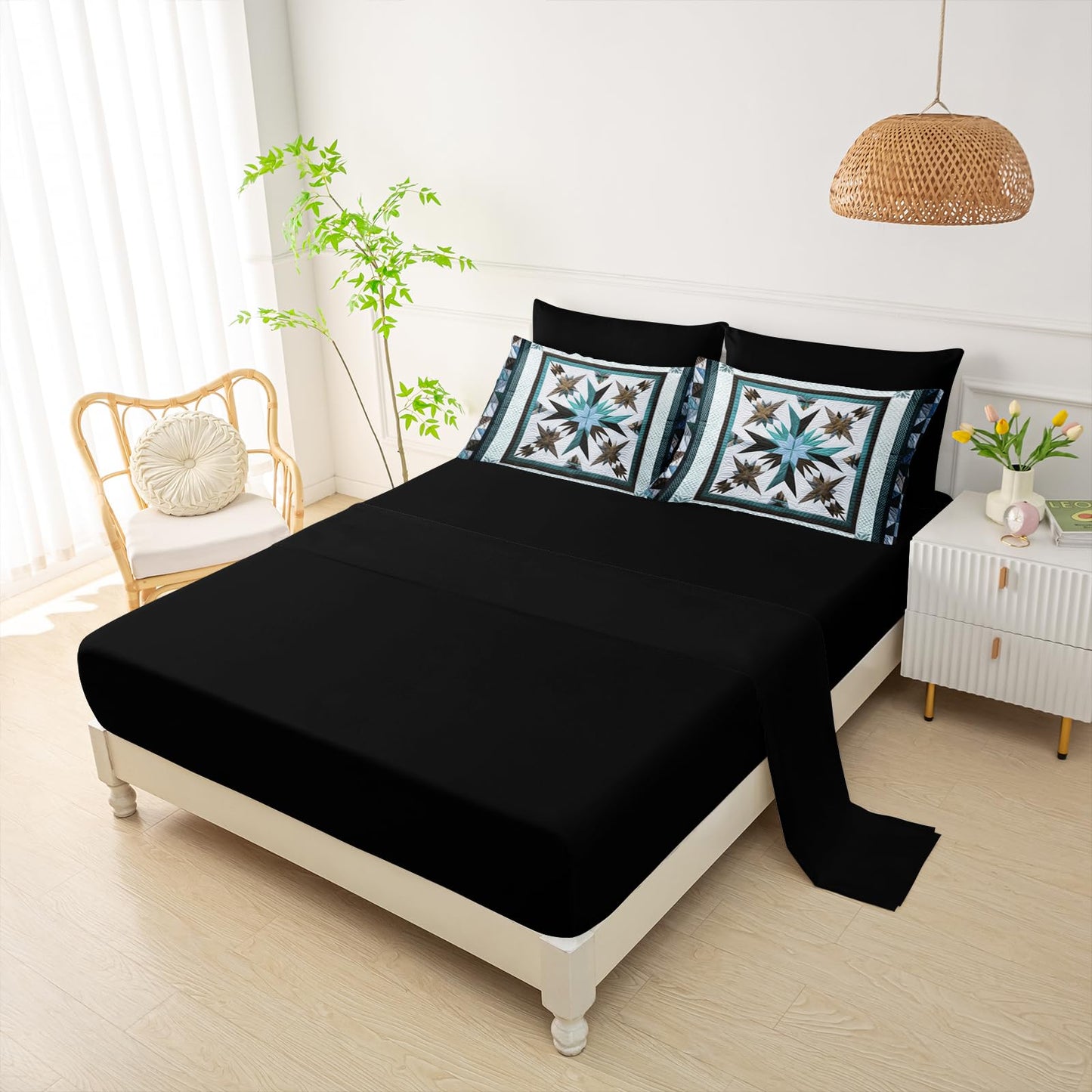 QOOMO Boho 7 Pieces Comforter Set Twin Size,Bohemia Bedding Set for Kids Teens Girls-Include 1 Comforter,1 Fitted Sheet,1 Flat Sheet,2 Printing Pillowcases and 2 Black Pillowcases
