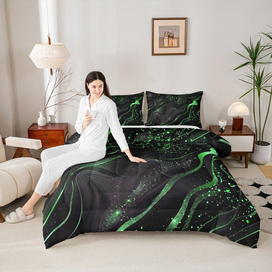 Erosebridal Marble Texture Comforter Set King Size Black Green Bedding Set for Adults Men Women Glitter Shiny Aesthetic Stone Modern Comforter Watercolor Luxury Marbling Quicksand Quilt