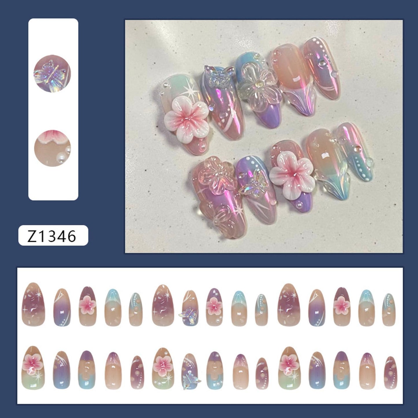 Aurora 3D Flower Butterfly Press On Nails - Medium Almond Fake Nails with Iridescent Gradient & Rhinestone Designs,Glossy Reusable Full Cover False Nails with Glue Tabs for Women, 30Pcs Nail Kit
