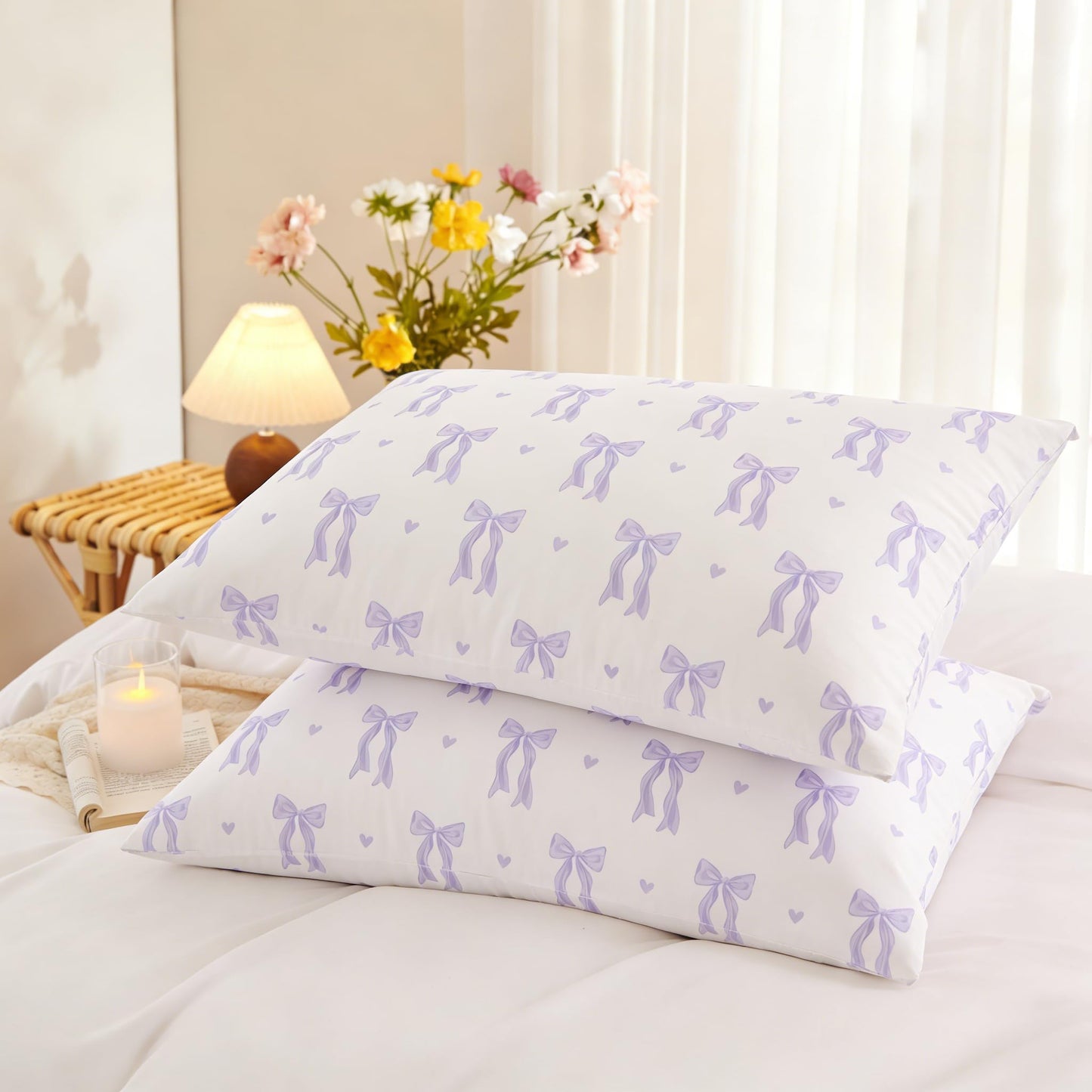 Sedefen Purple Bow Duvet Cover, 3 Pieces Cute Heart Pattern Bedding Set, Reversible Coquette Aesthetic Bowknot Love Printed Duvet Cover Set for Girls Bedroom, All Season