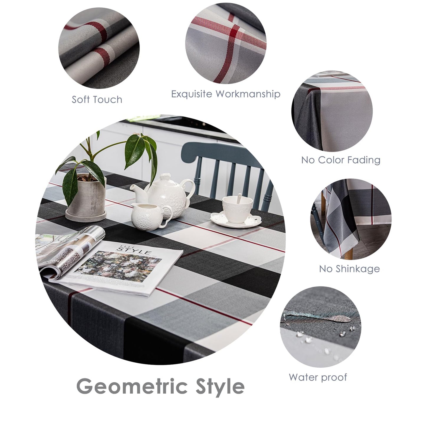 Melodieux Rectangle Plaid Check Tablecloth Spill Proof Water Wrinkle Resistant Table Cover Holiday Party Outdoor Checkered Tabletop Decoration Kitchen Dining Room, 60" x 120", Black