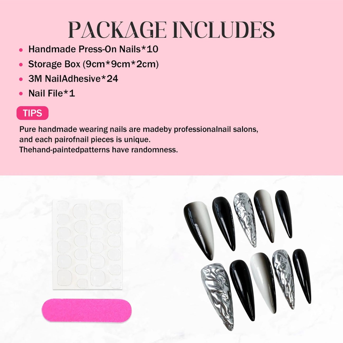 10Pcs Handmade Press on Nails Long Stiletto Glue on Nails Black White Ombre Fake Nails with 3D Swirl Designs False Nails Chrome Acrylic Nail Sparkly Stick on Nail for Women (Size M)