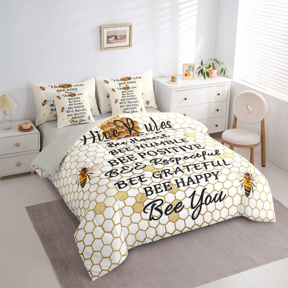 Honeycomb Bed in a Bag Queen Comforter Set 7-Piece | Bee Kind Bee Honest Beehive Bedding Sets Hexagon Geometric Comforter and Sheet Set, Honeybee Bees Funny Hive Rules Room DecorBee Themed Gifts