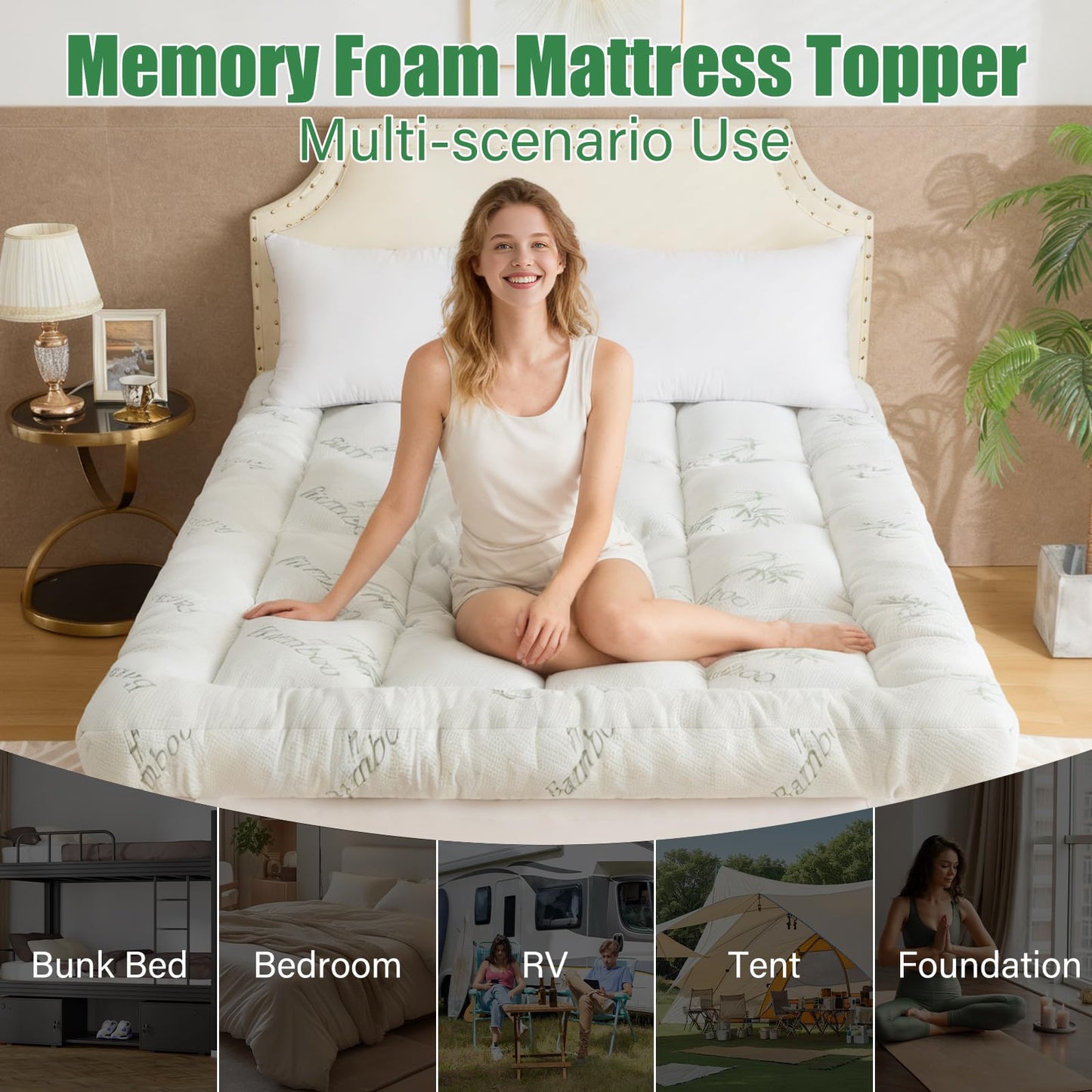 WhatsBedding 5 Inch Memory Foam Mattress Topper Queen Size for Back Pain, Cooling Breathable Bamboo Viscose Air Layer, Soft and Thick Supportive Mattress Topper, 4 Stable Anchor Elastic Straps
