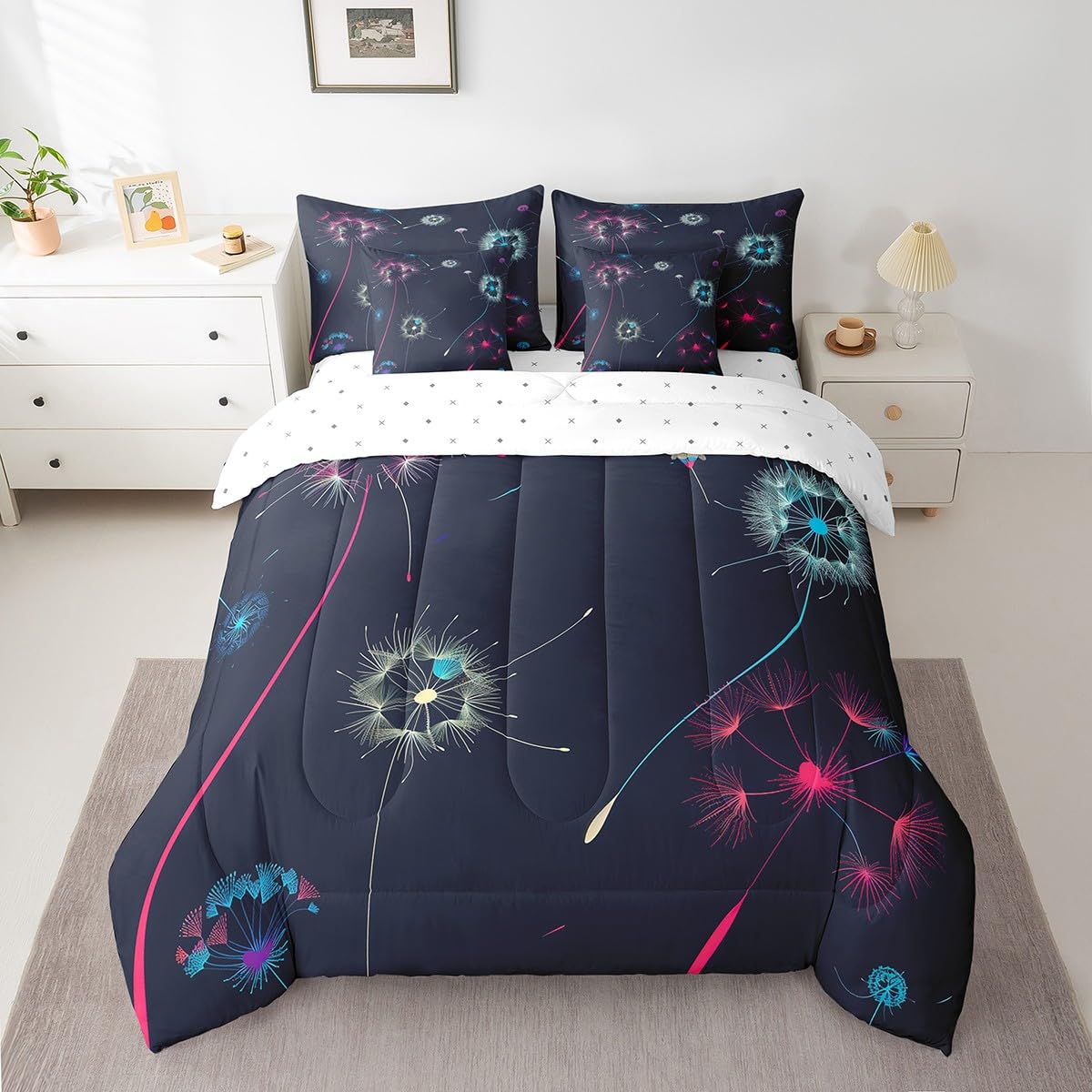 Erosebridal Dandelion Quilt with Flat Fitted Sheet Colorful Dandelion Bed in A Bag 7 Piece Twin Fantasy Flying Fluffy Petals Plant Comforter Set Rustic Farmhouse Floral Bedding Sets