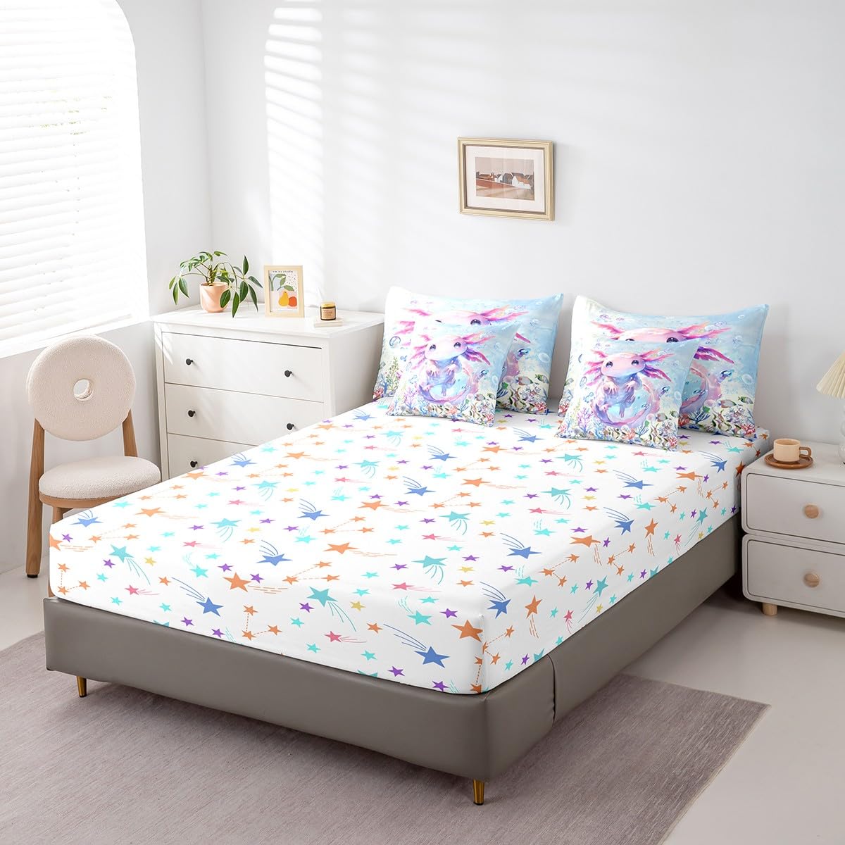 Feelyou Boys Girls Cute Axolotl Comforter Set with Sheets Twin Size, Ocean Sealife 7 Pieces Bedding Sets Kids Kawaii Bed in A Bag Cartoon Salamander Bed Set