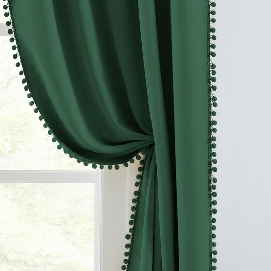 Melodieux Green Pom Pom Blackout Curtains 84 Inches Long for Bedroom, Boho Black Out Curtains 2 Panels for Living Room, Rod Pocket Kids Girls Nursery Drapes Elegant Cotton Textured, 52" W x 84" L