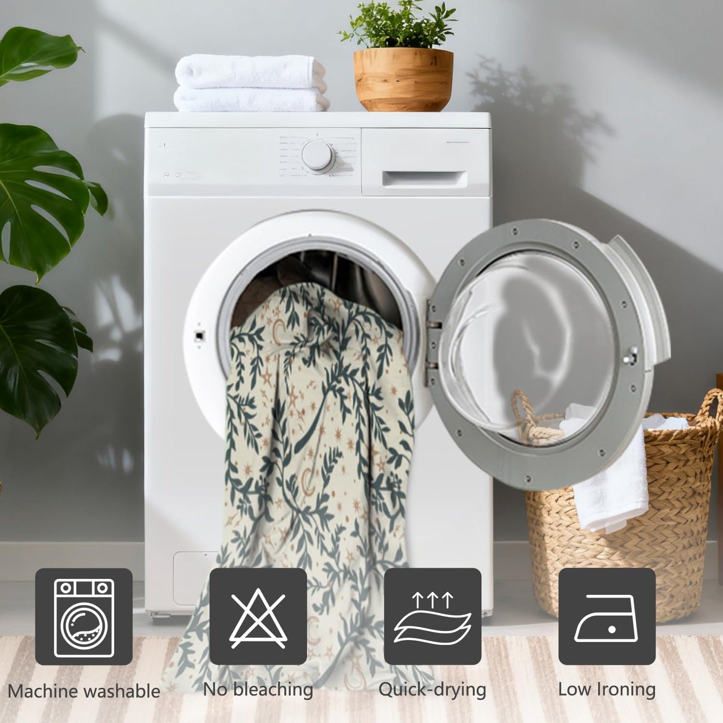 NAEMBCU Botanical Celestial Shower Curtain with Hooks - 72x72 Inch Waterproof Fabric Bathroom Curtain with Green Leaf & Moon Star Pattern, Bath Curtain for Boho Aesthetic Interiors