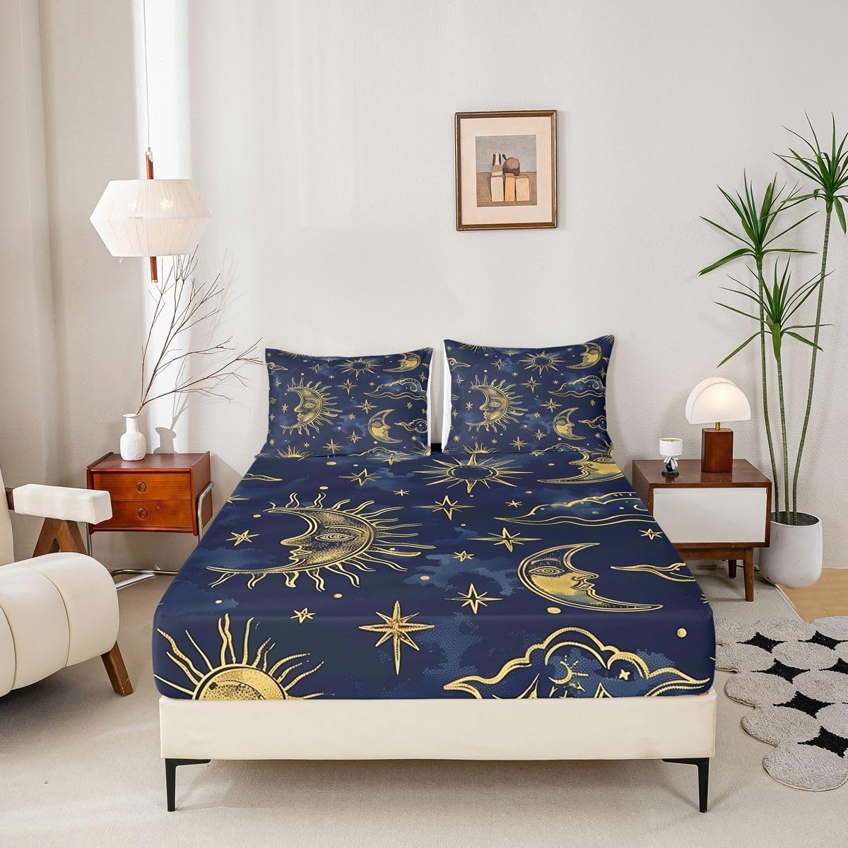 Erosebridal Moon Galaxy Bed Sheets Set Full Mystical Celestial Star Sky Sheet Set Bohemia Sun Moon Sheets Cosmic Cloud Flat Fitted Sheet