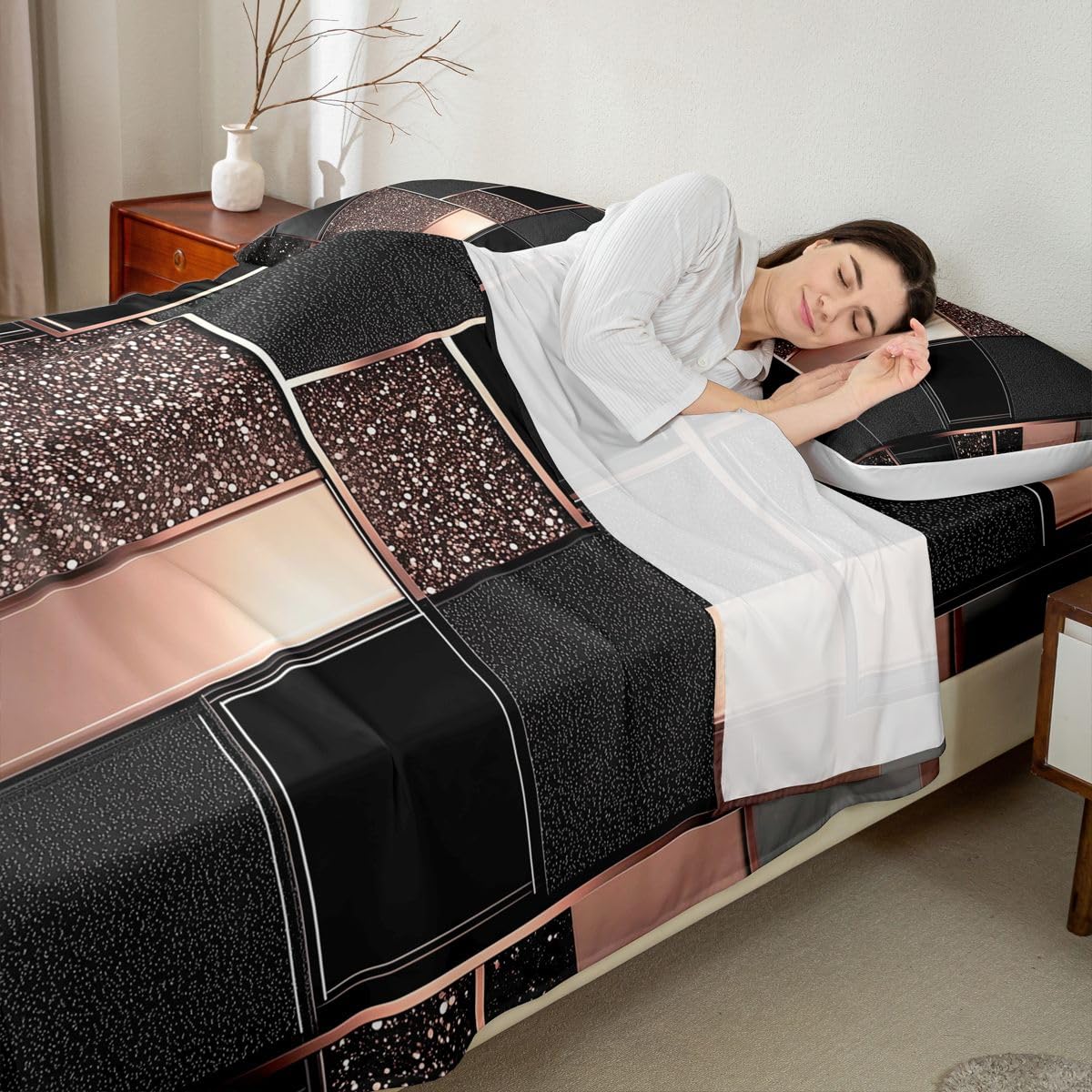 Feelyou Modern Abstract Bed Sheets Sets Queen Size Kids Boys Girls Orange Geometric Bedding Set Metallic Print Geometric Bed Sheet Set with 16-Inch Deep Pockets 4Pcs with 2 Pillow Cases