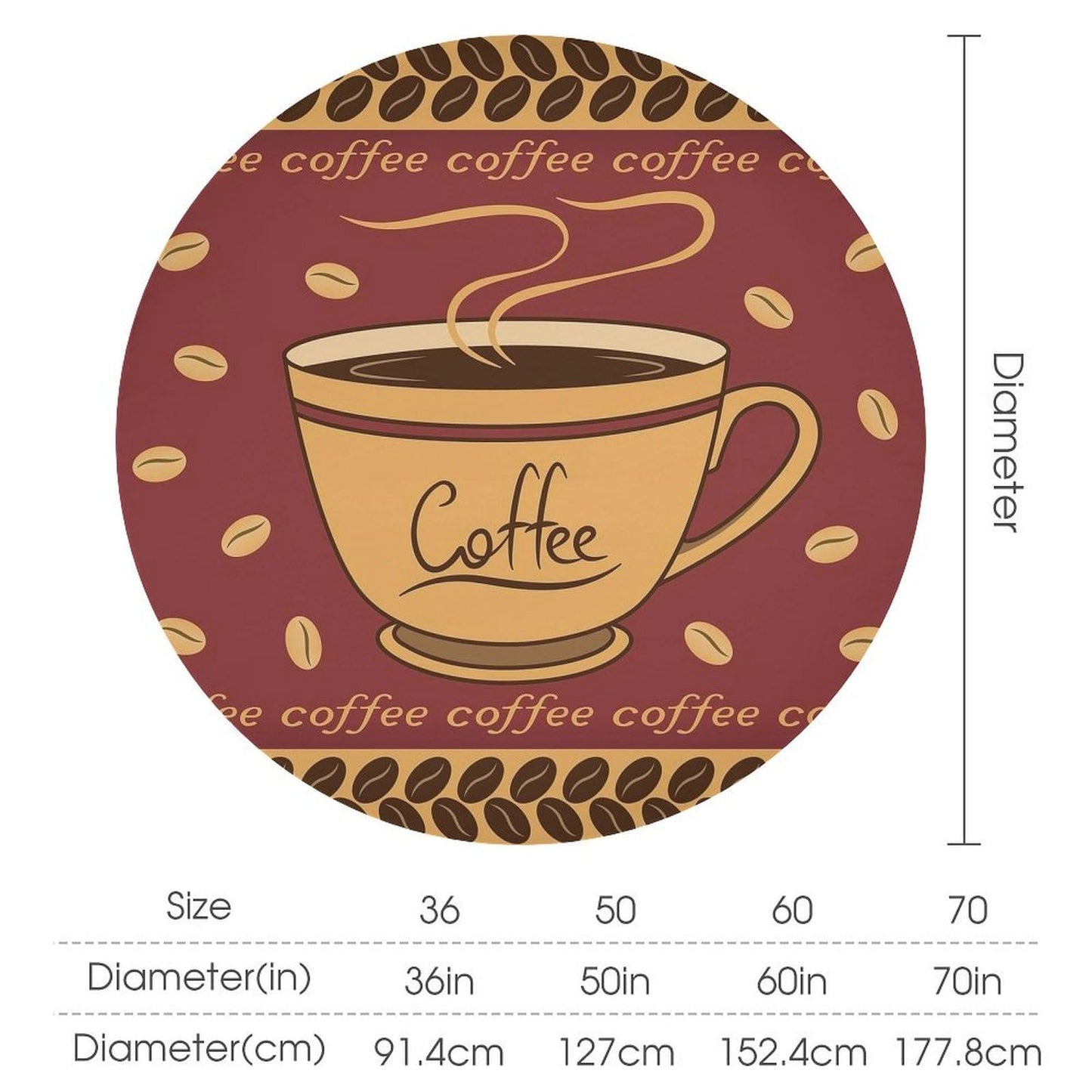 GoDazzling Coffee Round Tablecloth, Brown Coffee Themed Kitchen Cafe Tea Party Patterned Cafe Tablecloth for Home Party Dining Room Kitchen Decor 36Inch(90cm)