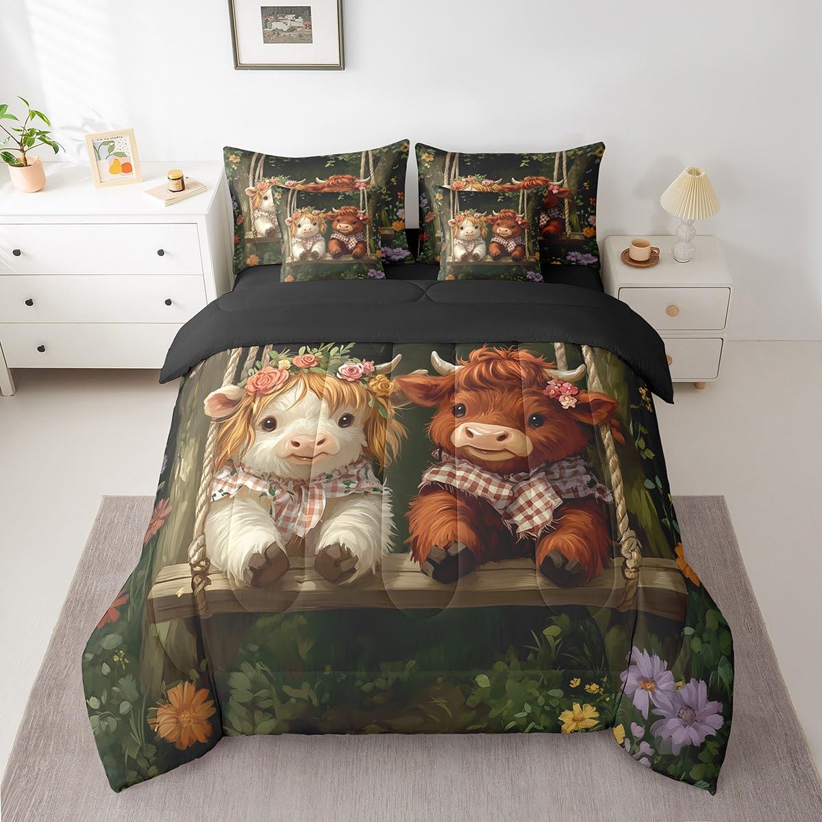 Erosebridal Highland Cow 7 Pieces Bedding Set Western Cow King Comforter Set with Sheets for Boys Girls Kids Room Decor Farmhouse Animal Bed in a Bag Flower Bed Set