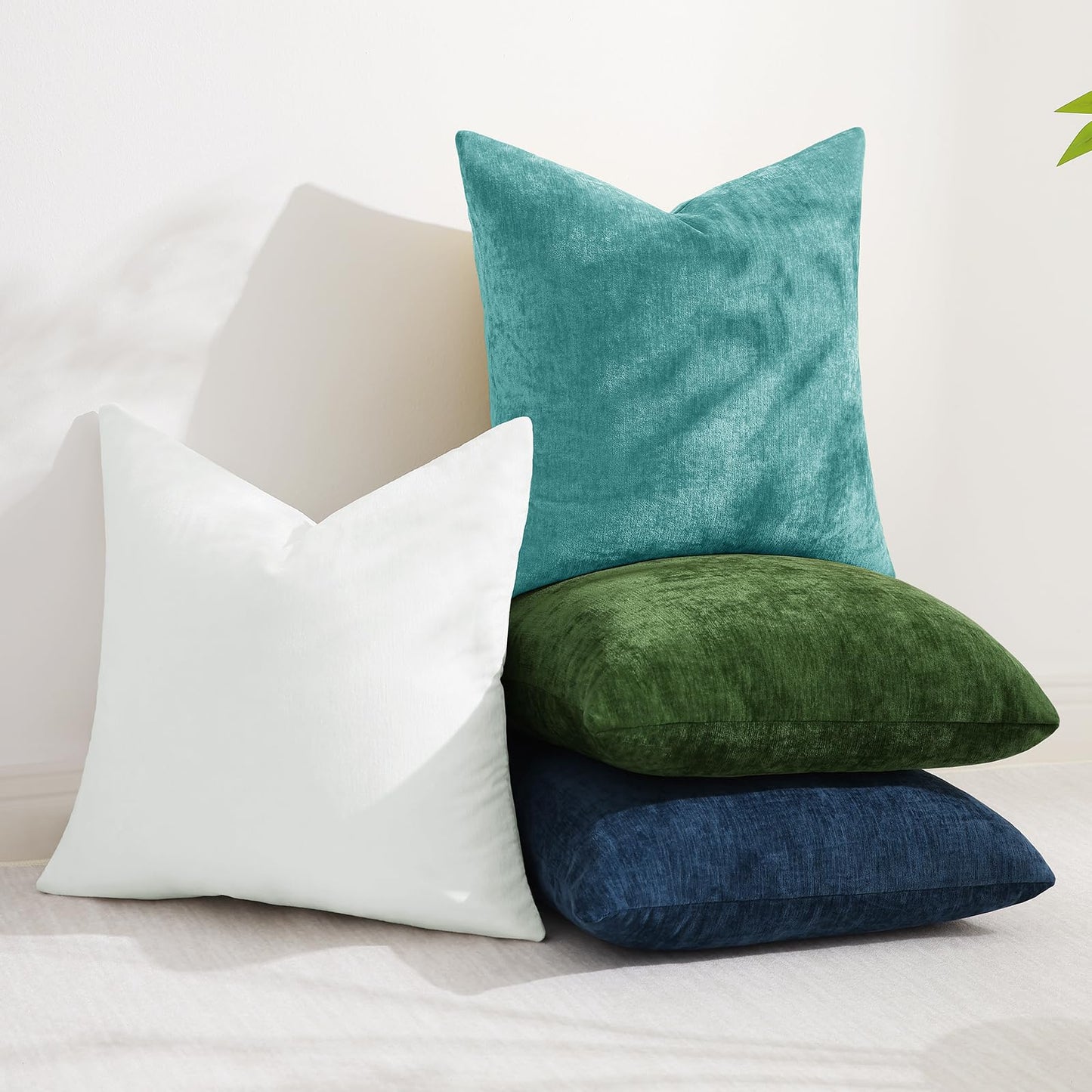 decorUhome Chenille Turquoise Summer Throw Pillow Covers 18x18 Inch Set of 2, Decorative Soft Couch Pillow Covers Solid Dyed Accent Farmhouse Neutral Square Pillow Cases for Sofa
