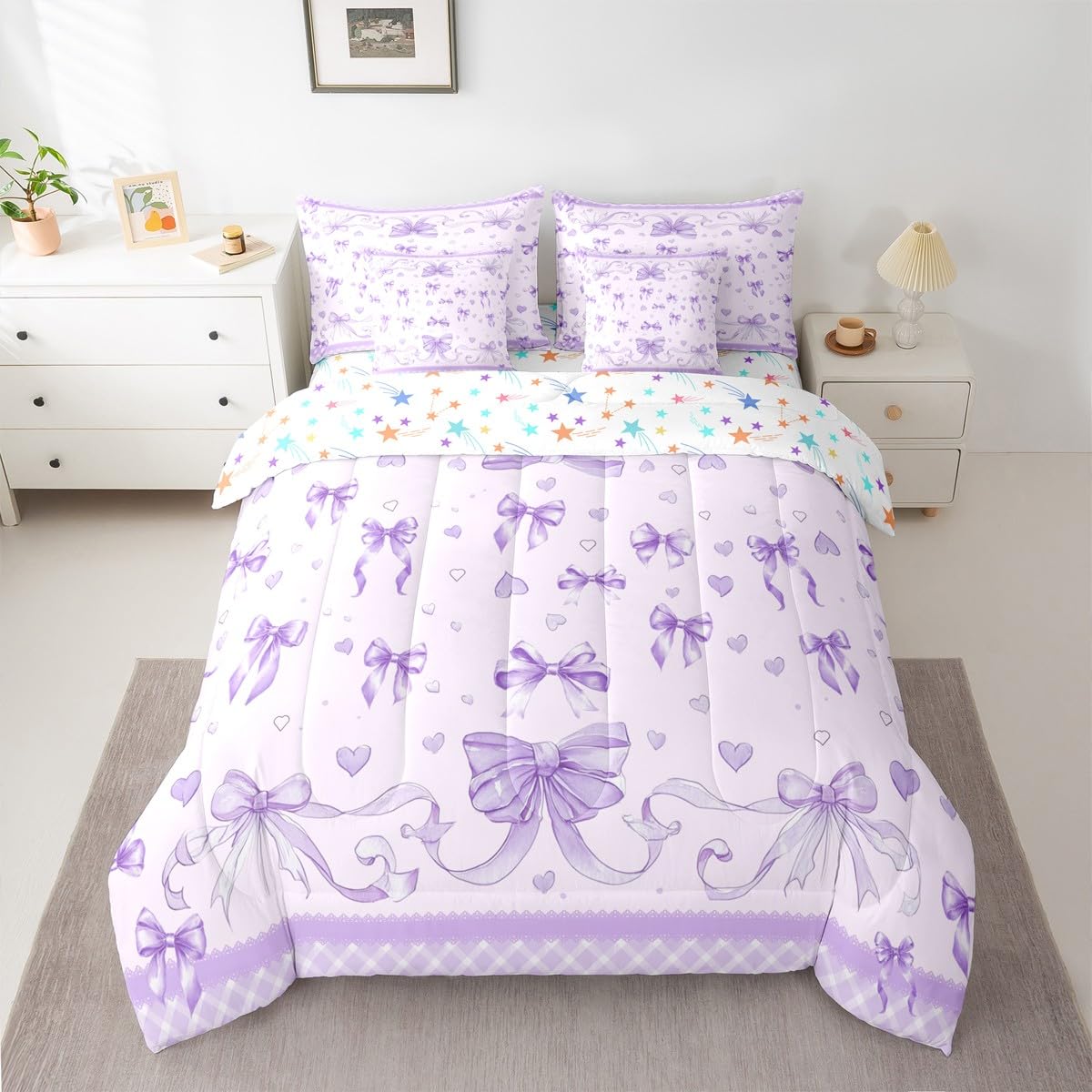 Feelyou Bowknot Comforter Set with Sheets 7 Piece Twin Size Dreamy Princess Bedding Set for Kids Boys Girls Cute Bow Bed in a Bag Love Hearts Room Decor Soft Lightweight Microfiber
