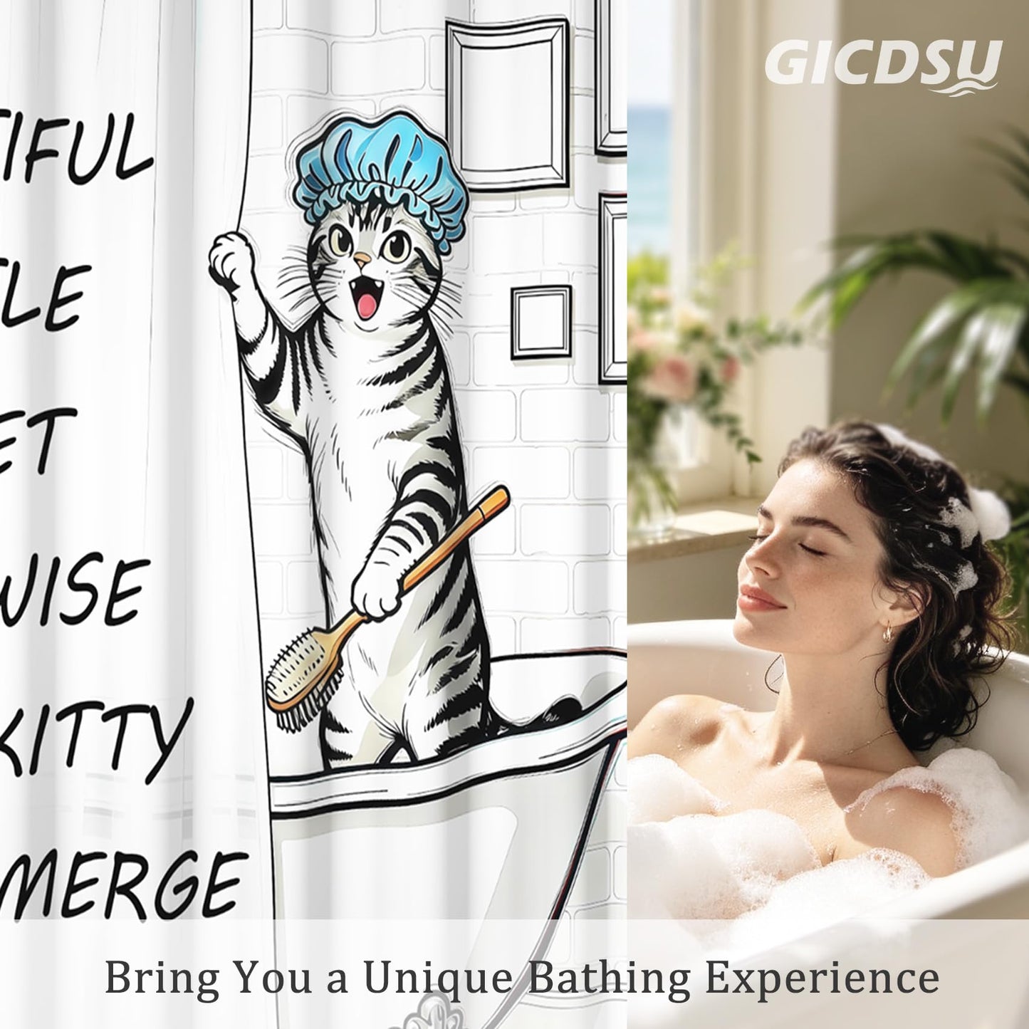GICDSU Funny Cat Shower Curtain, Black and White Fun Cute Animal Shower Curtains for Bathroom, Farmhouse Waterproof Polyester Fabric Bath Curtain with 12 Hooks, 72x72 Inches