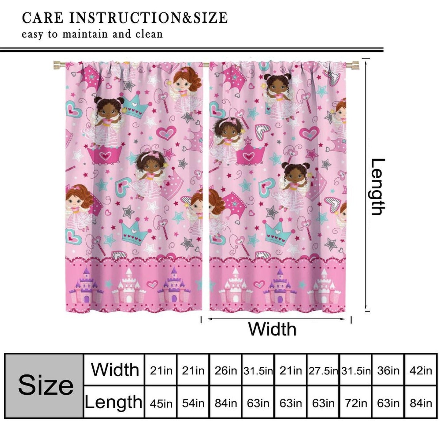 AAVEUP Kids Black Girls Curtains,Cartoon Pink Fantasy Magic Princess Castle Star Love African American Black Girl Window Treatments Drapes for Girls Living Room Bedroom 42x45in（No Blackout）